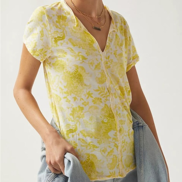 Anthropologie Pilcro Spliced-Neck Tee New Yellow White Floral Size XS ANTHRO NWT - Picture 3 of 10